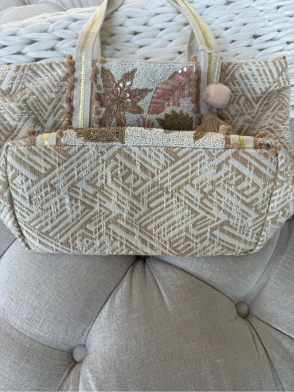 Beaded Floral Embroidered Beige & Pink Tote Bag with Tassel